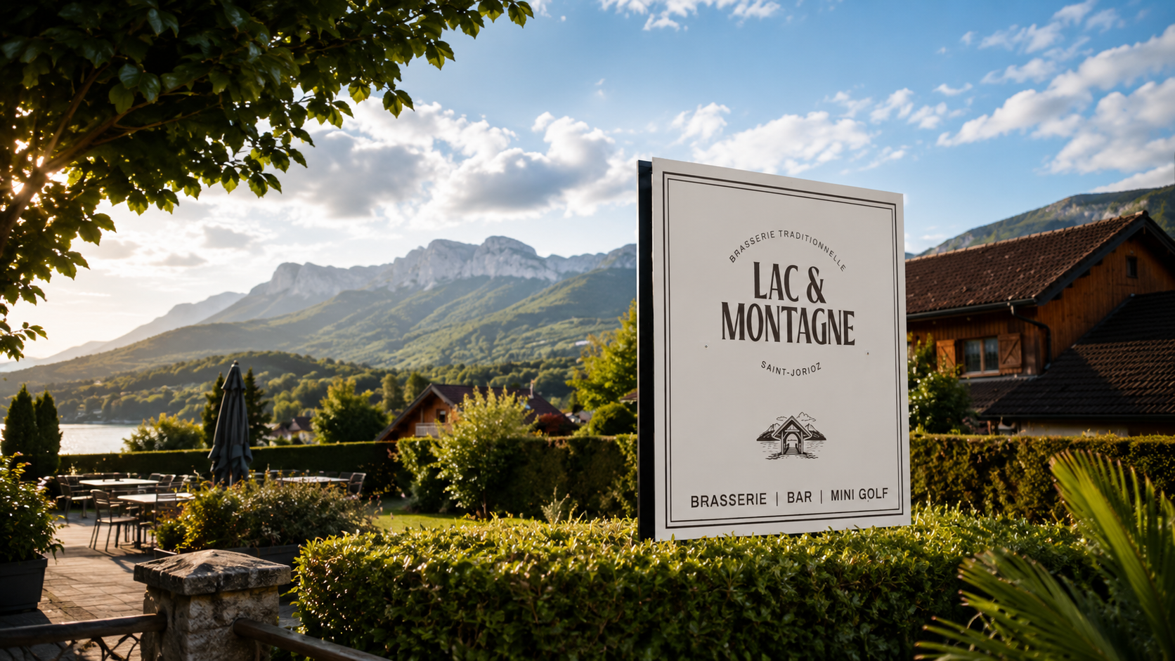 Enseigne Lac & Montagne, vue lac et montagnes